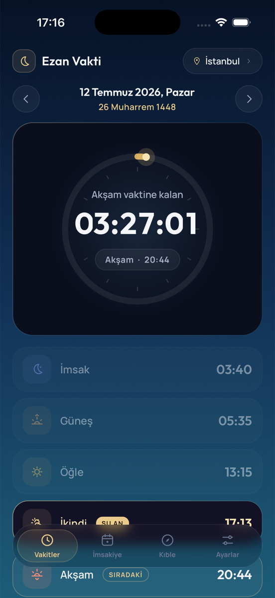 Ezan Vakti uygulama ekranı — canlı geri sayım ve günün vakitleri